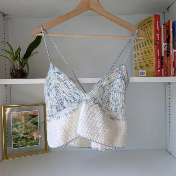 Handmade Crocheted Bralette Tank Top Cropped Blue White Speckle Sz Medium - Picture 5 of 10